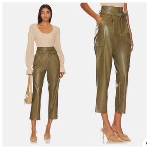 New not tag PAIGE Tesse high rise pleated  Olive Cropped faux Leather Pants